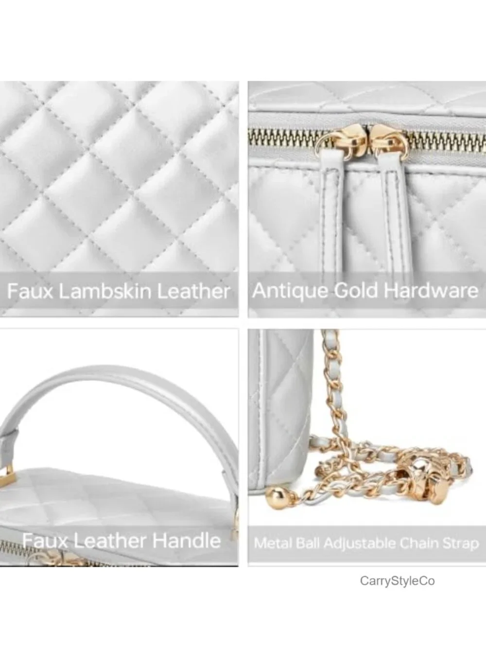 Vegan Leather Quilted Box Crossbody Purse Top Handle Chain Strap